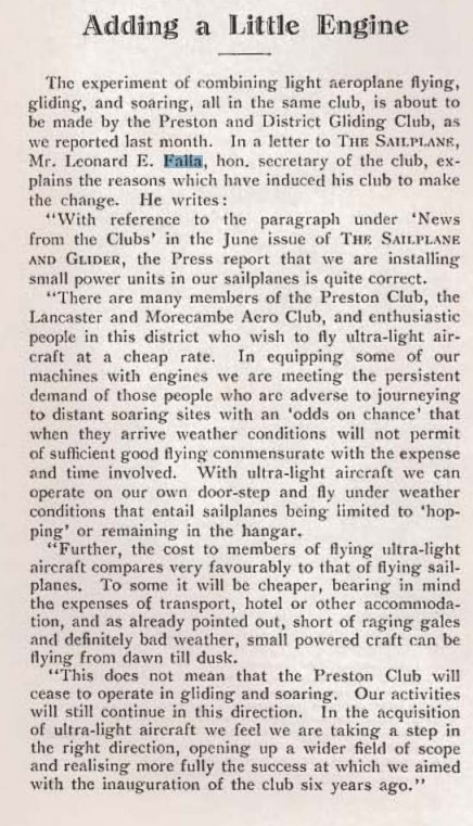Newspaper article in wihch Len Falla justifies his controversial plan to add engines to his gliders, the beginnings of ultralight flying