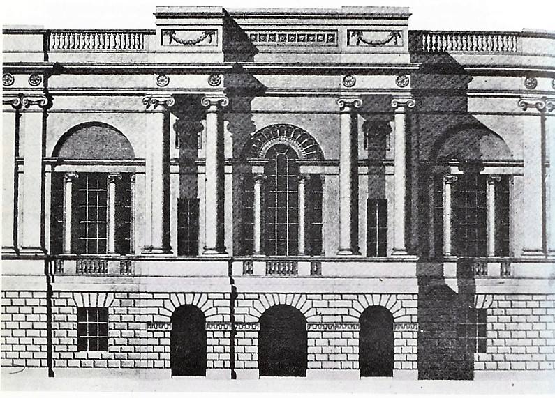 Frontal elevation of the original Assembly Rooms. A large central arched window flanked by two columns each side