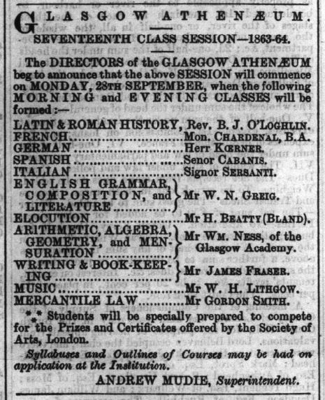 Newspaper advert for autumn classes, Latin & Roman History through Elocution to Mercantile Law. Andrew Mudie Superintendent