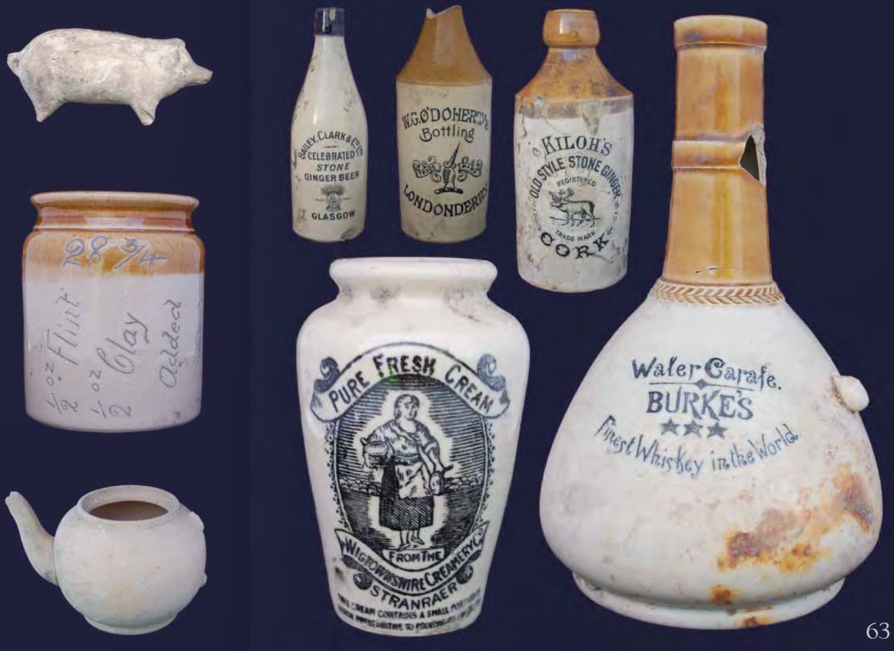 Various stoneware bottles and pots, a broken teapot. Labels include WG O'Doherty, Londondery, pure fresh cream from Stranraer, Burkes Finest Whisky
