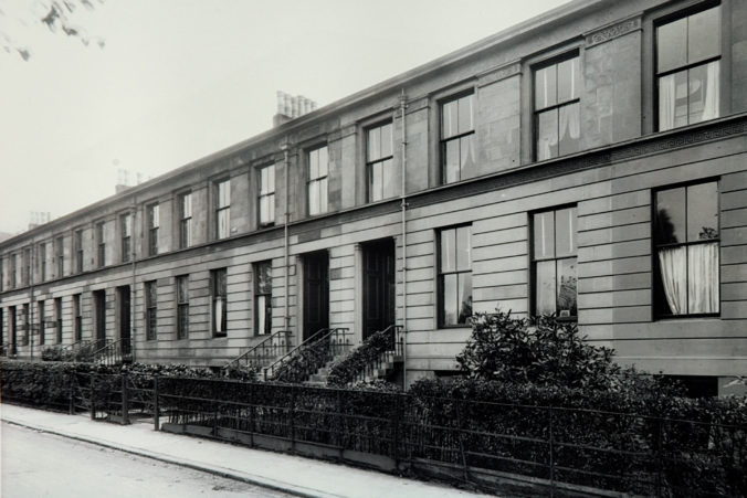 Monochrome image of stone terrace on Moray Place