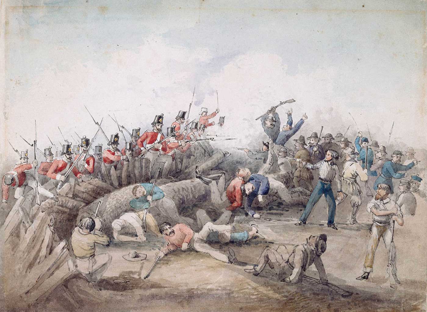 Troops in red jackets carrying rifles and bayonets storm over the Eureka Stockade, as miners fight back or fall dead and wounded