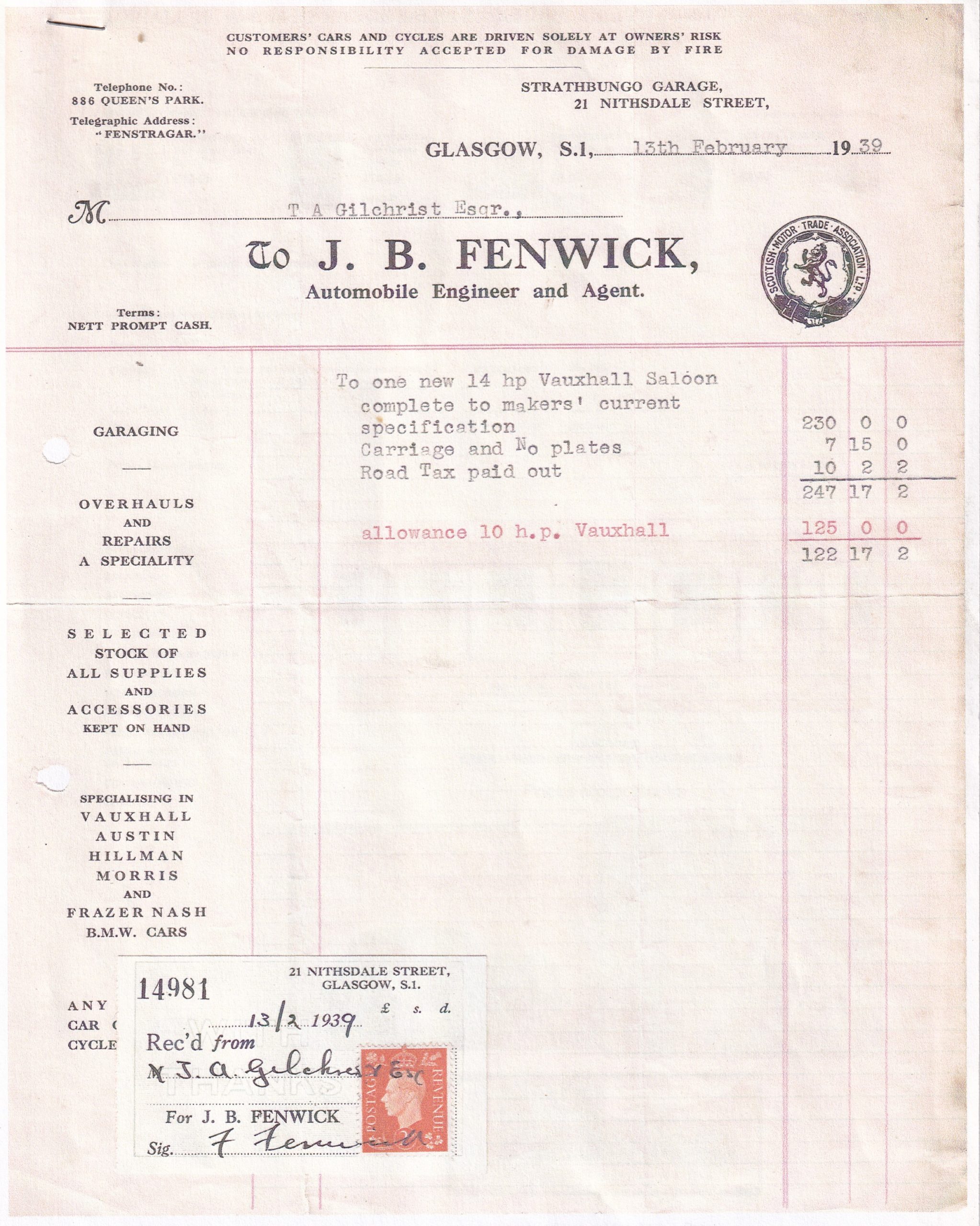 Bill from 1939 - £230 for a new Vauxhall saloon