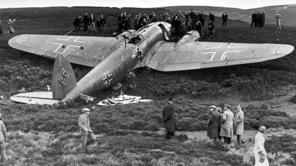 German twin-engined airplane, mostly intact, crashed in field