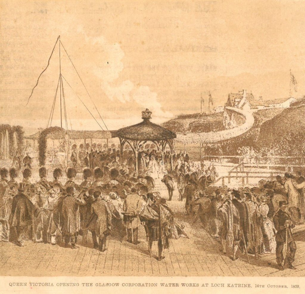 Faded illustration of crowds and troops at the opening ceremony