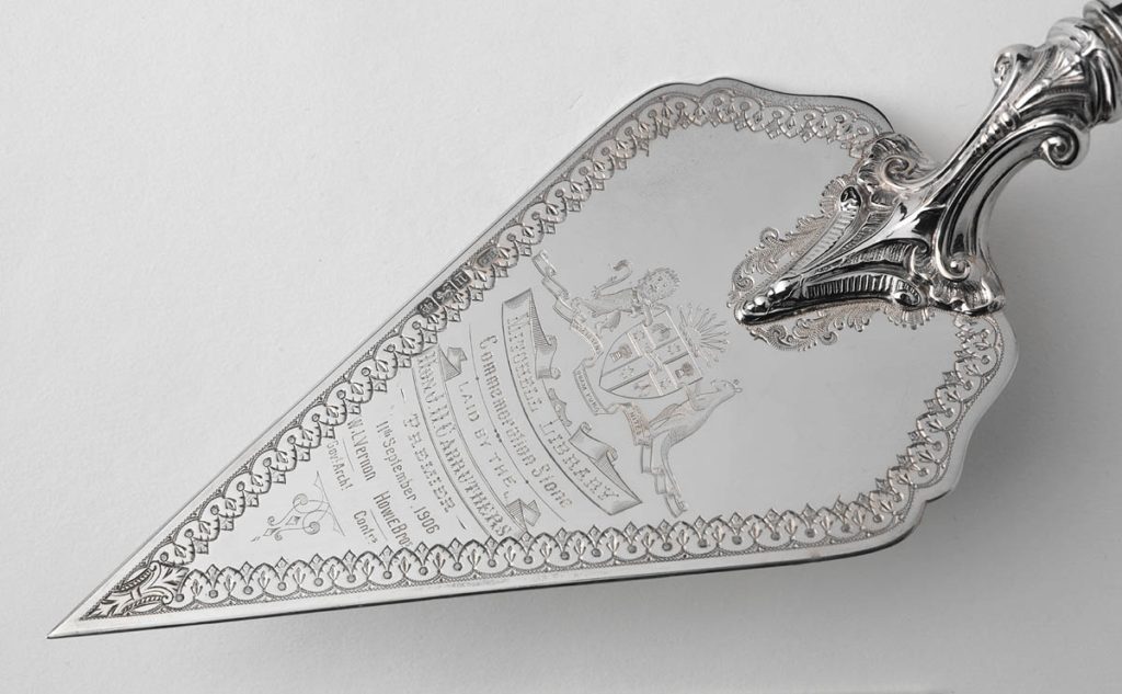 Silver trowel engraved to commemorate the laying of the foundation stone