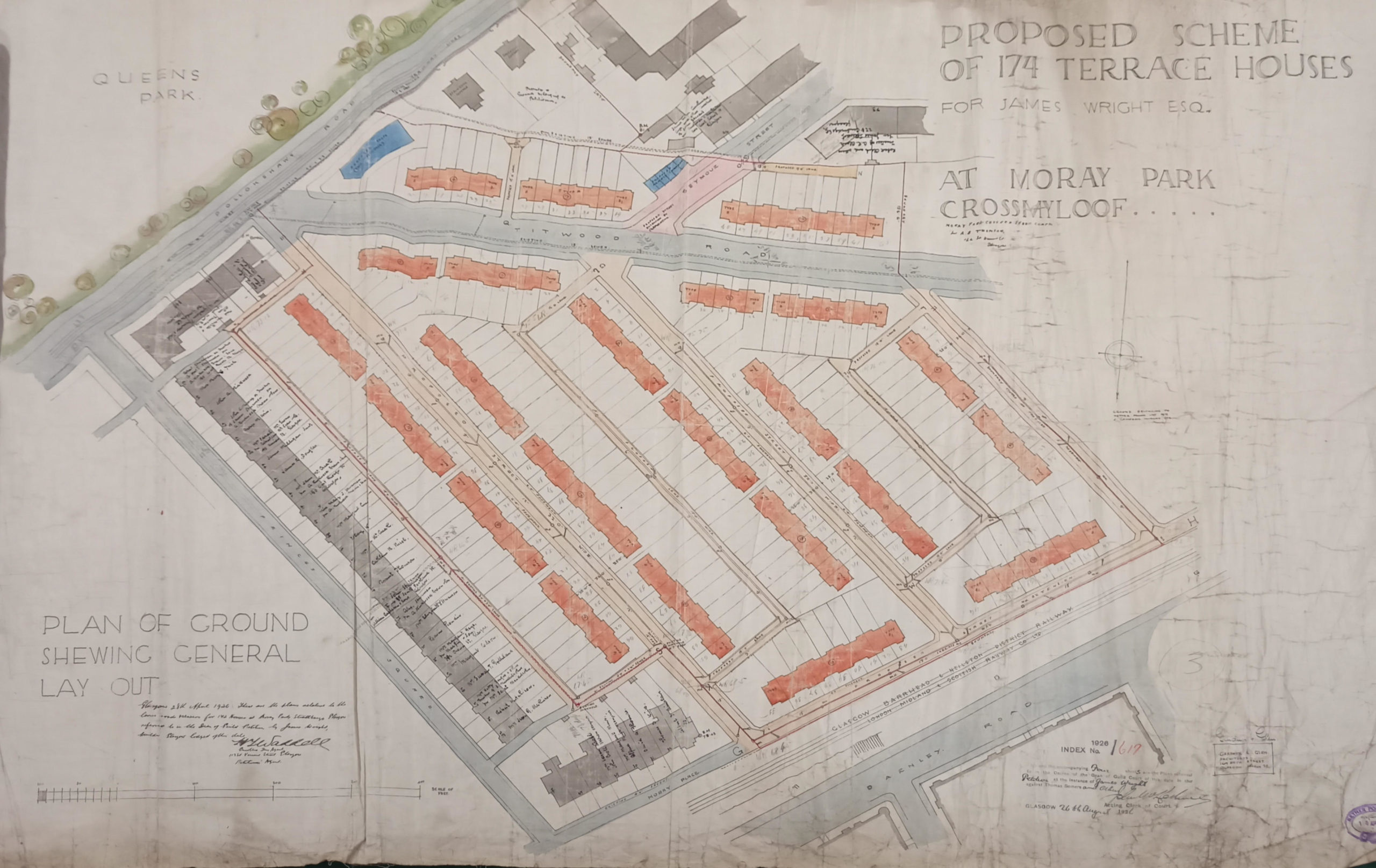 Large planning map showing new streets, and new housing in red, older Marywood Square and Moray Place terraces in grey. Source: GCA 1926/617