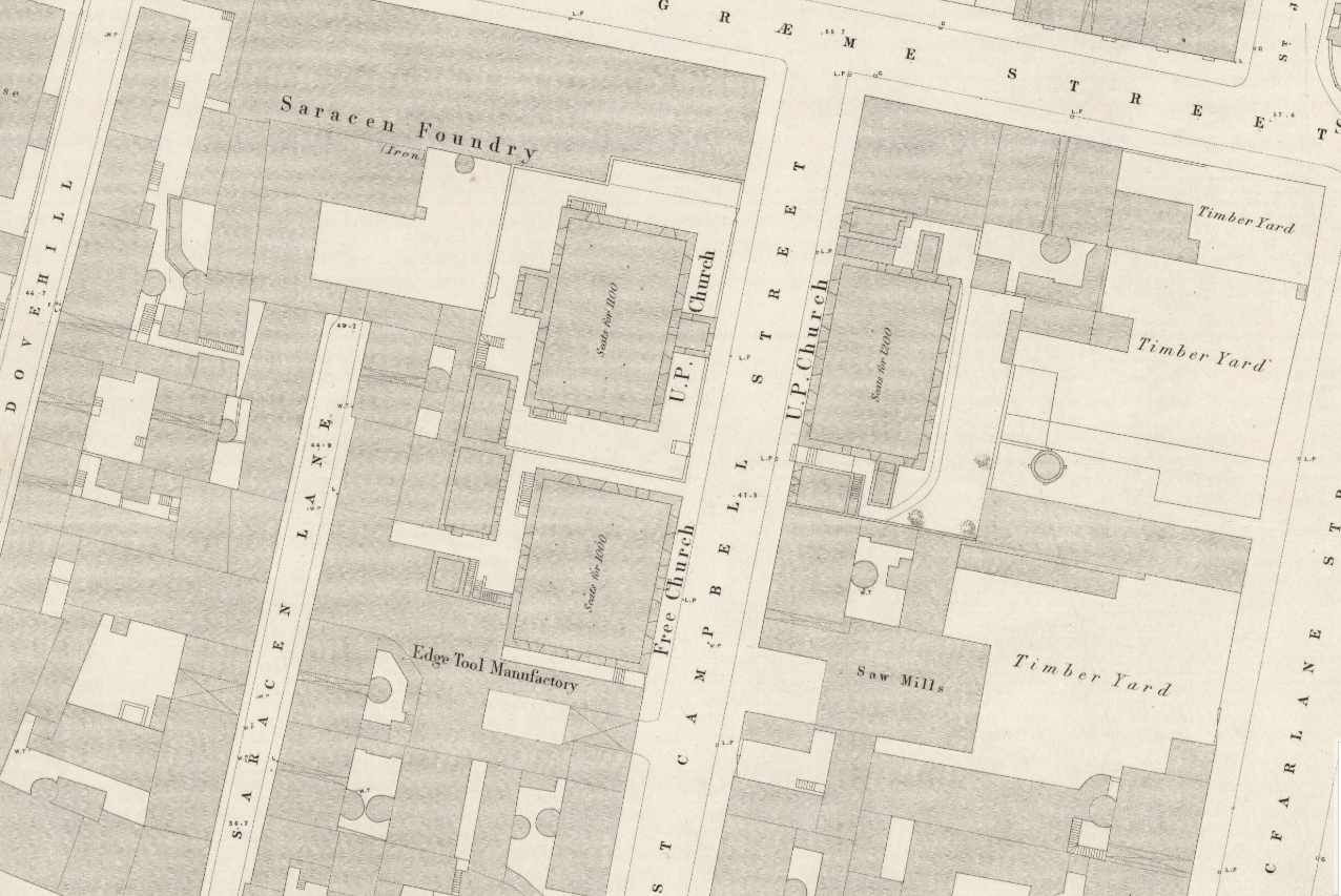 OS Town Plan showing three churches on a short street, industry all around