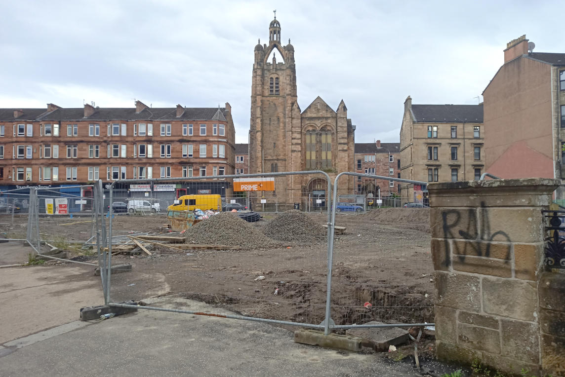 Levelled building site from Nithsdale drive, revealing the frontage of the former Strathbungo parish Church.