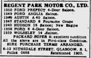 Regent Park Motor G.arage. List of cars for sale, such as 1950 Ford Prefect, 1939 Wolseley 14 Saloon. Est 1903.
