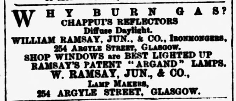 Newspaper ad. Why burn gas? Chappuis' reflectors diffuse daylight. Ramsay's patent Argand lamps