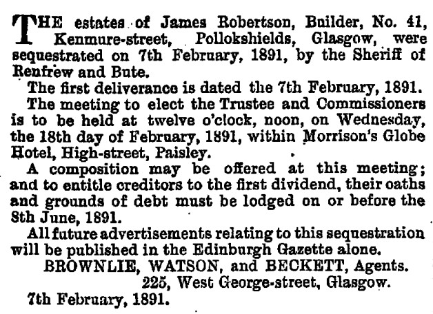 Newspaper article, james Robertson's estates sequestered Feb 1891