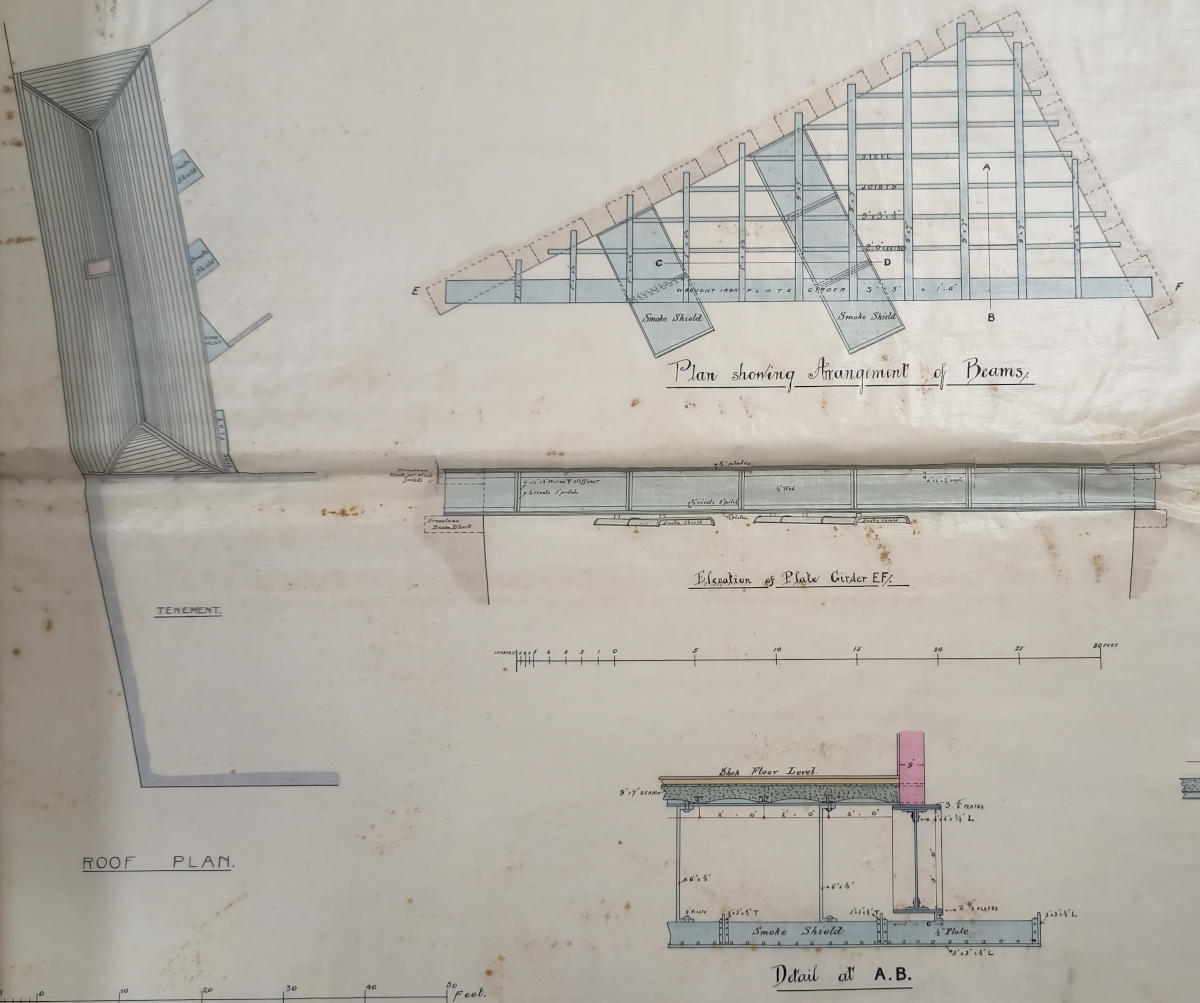 Includes plan of shop, roof structure, and the supporting grid of iron beams over the railway to support it, including smoke deflecting hoods. 