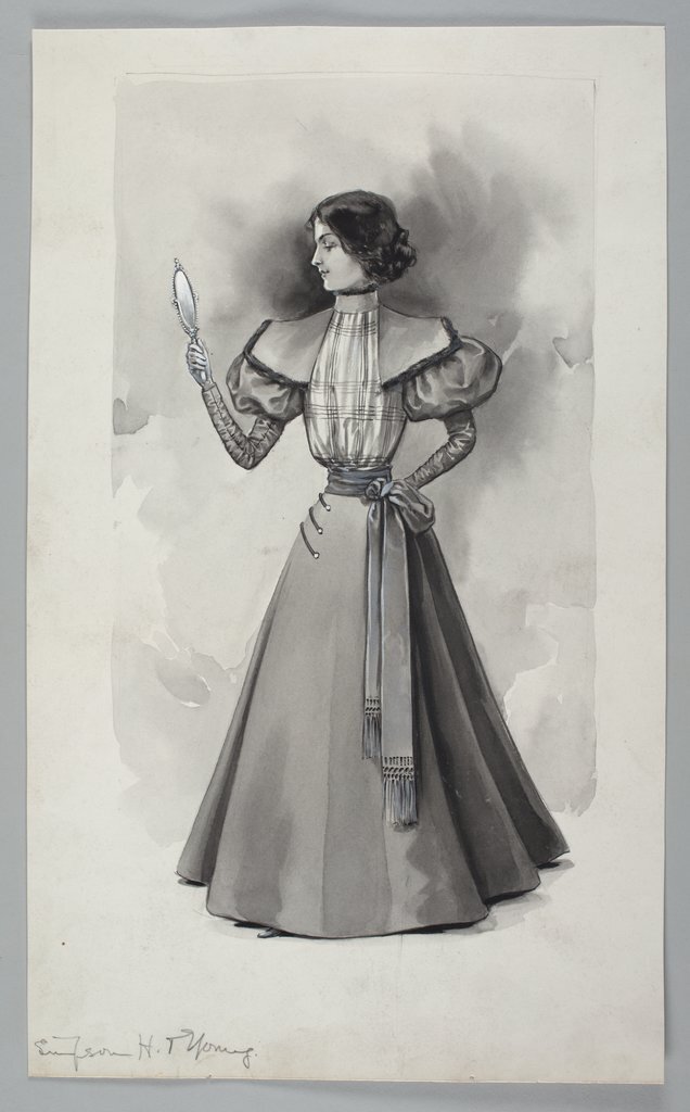 Ladt admires herself in hand mirror, wearing a gown with a ridiculously narrow waist and large sleeves.