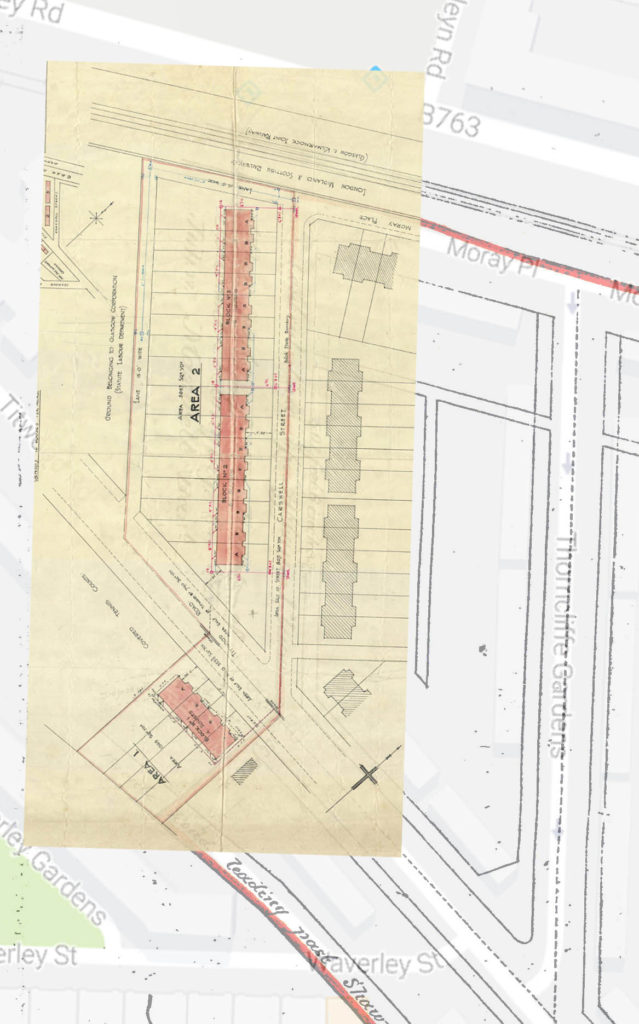 Aitkenhead's plans for Carswell Gardens, overlaid on 1859 feu, and Google Maps