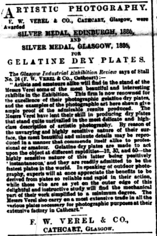 Advert for dry plates, awarded silver medals at Edinburgh & Glasgow 1886, and review from Glasgow Industrial Exhibition. Source: Evening Gazette (Aberdeen) - 6 Jan 1887, BNA