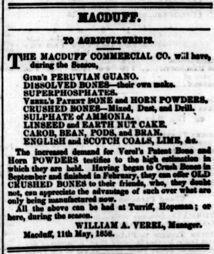 Advert for agriculturists. Peruvian Guano, Dissolved Bones, Linseed and Earth Nut Cake, coals and lime
