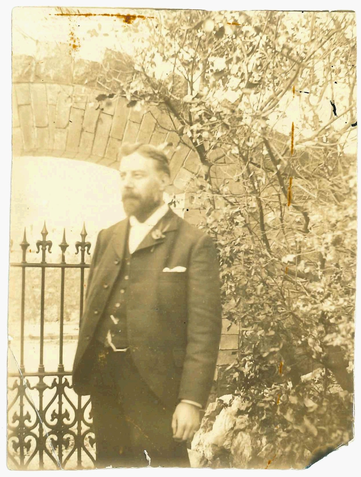 Bearded man in suit stands beside a gated brick arch